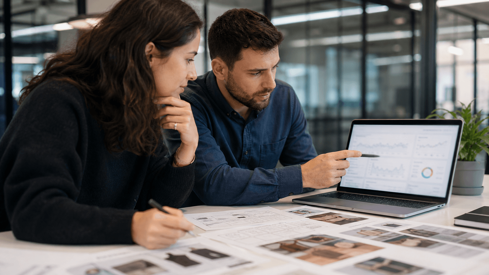 Hero image of two marketers reviewing blurred ecommerce ad performance charts and campaign structure notes after an Advantage+ Shopping migration.