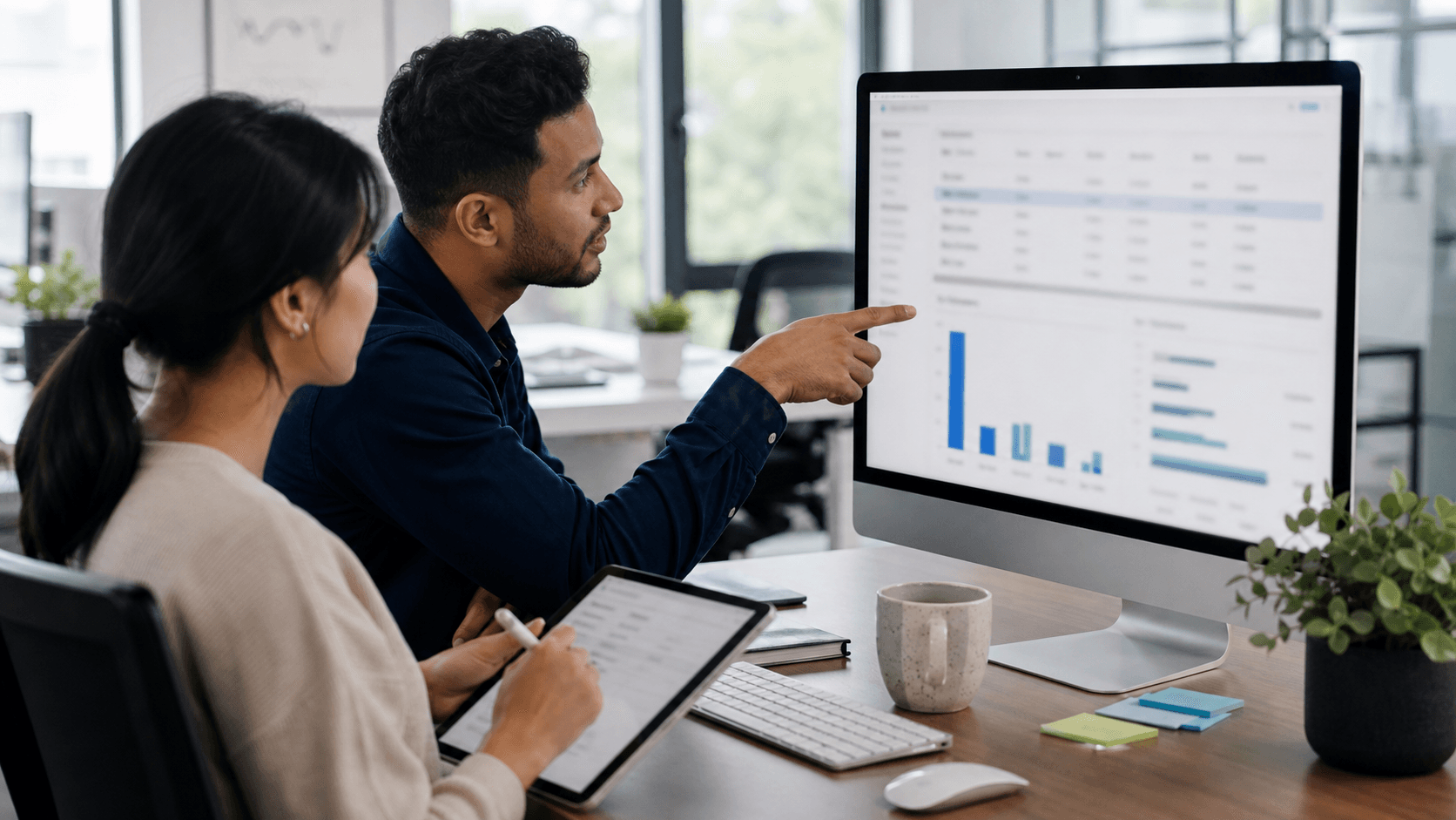 Hero image of marketers reviewing a Meta Ads-style performance dashboard where one ad receives most of the campaign budget.