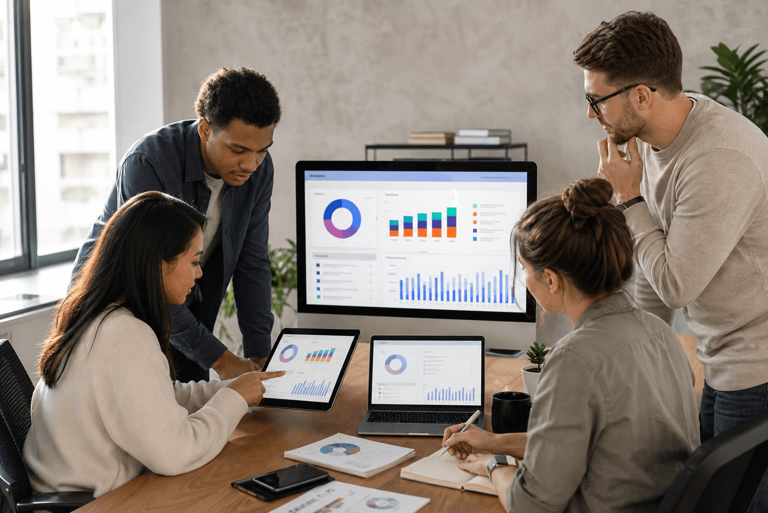 Hero image of a marketing team reviewing placement-level ad performance charts across laptops and tablets.