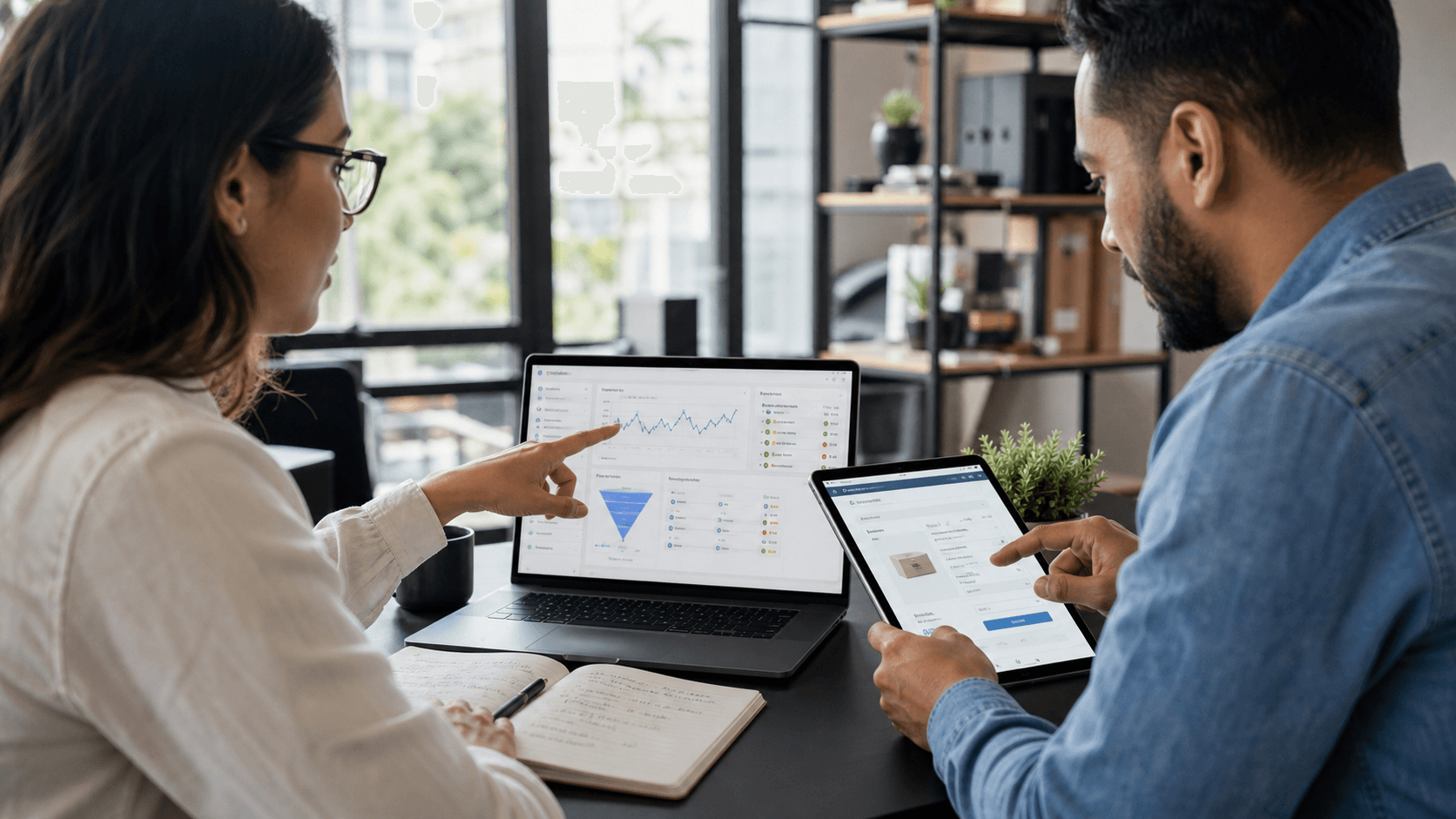 Hero image of a marketer and web developer troubleshooting Meta Ads Pixel conversion events on analytics dashboards and a checkout flow.