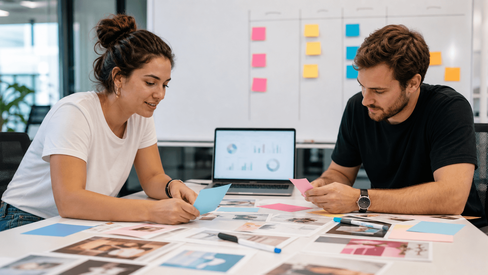 Hero image of ecommerce marketers sorting ad creative variants and reviewing blurred analytics while diagnosing inconclusive Meta Ads A/B tests.