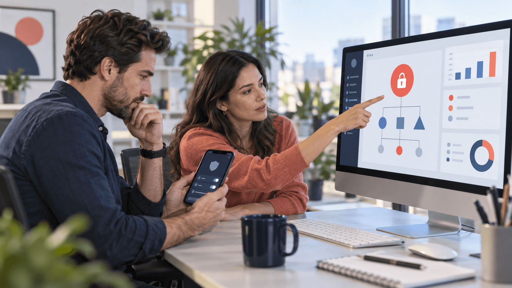 Two marketing operations professionals reviewing an advertising account security restriction and account hierarchy on a desktop monitor.