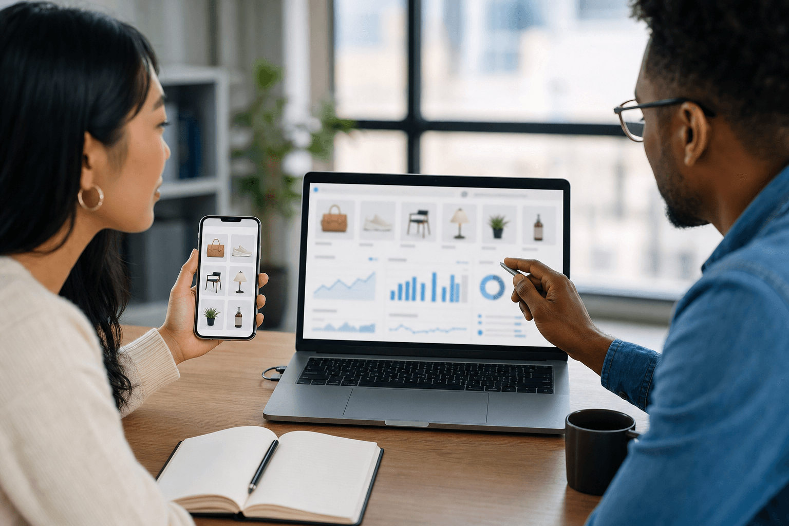 Hero image of ecommerce marketers comparing product catalog cards and campaign analytics to diagnose catalog ads that spend without converting.