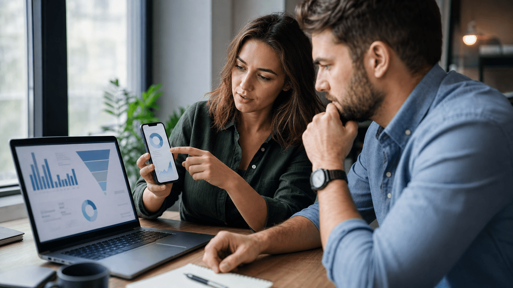 Hero image of two ecommerce marketers reviewing a phone checkout flow and laptop funnel analytics to diagnose abandoned purchases.
