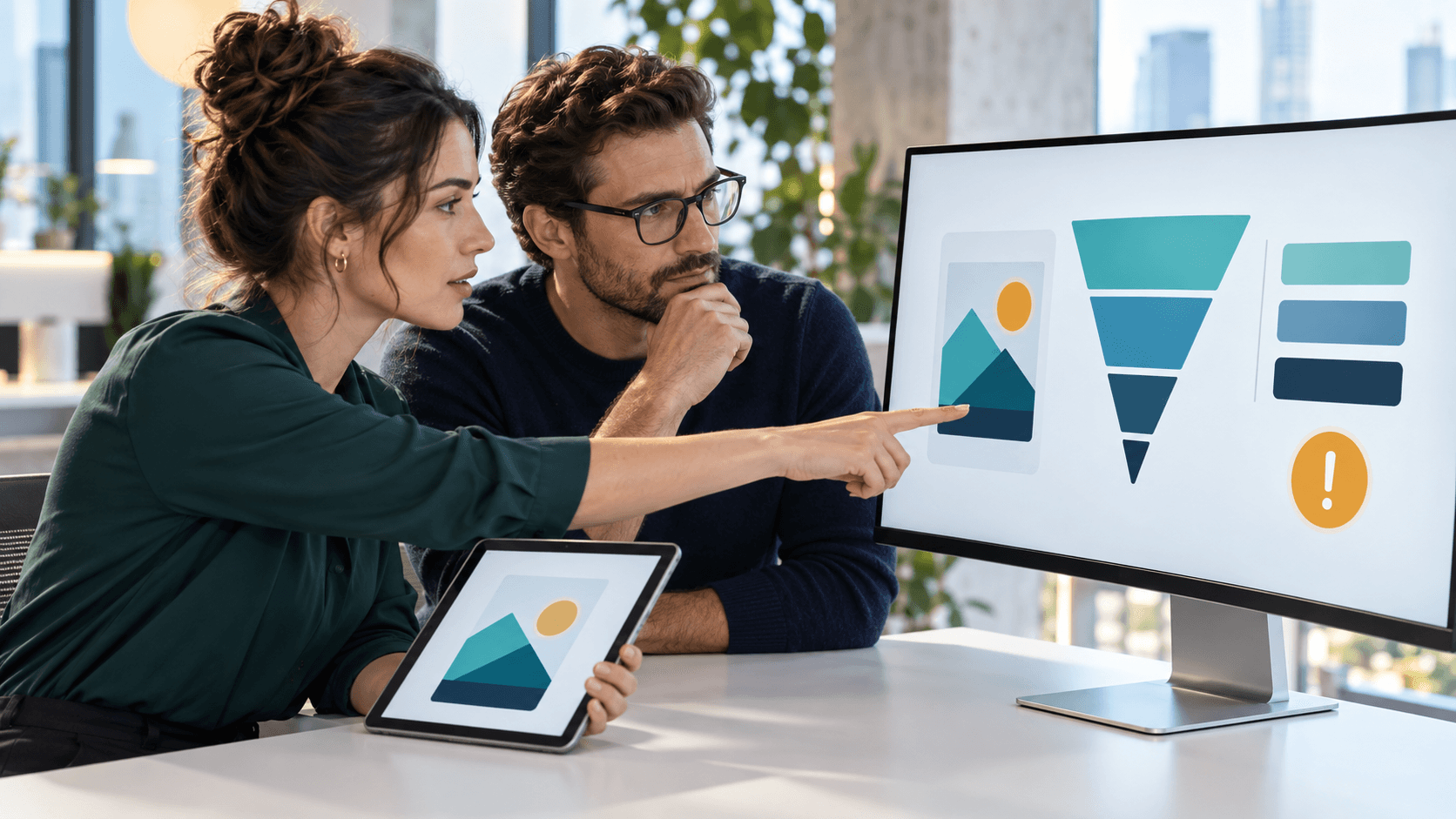 Two performance marketers comparing an ad creative with an abstract conversion funnel to diagnose a below-average conversion rate ranking.
