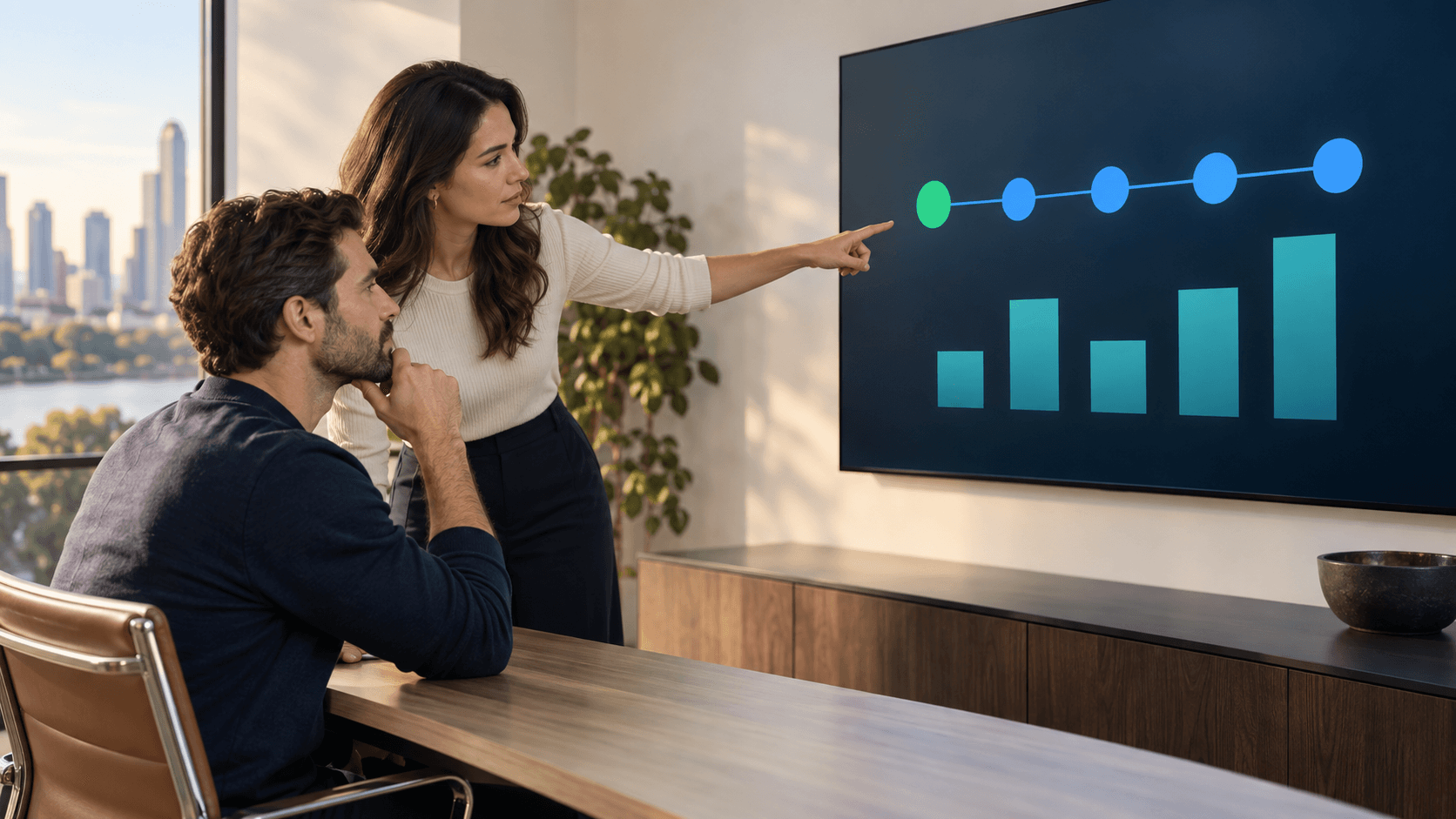 Two ecommerce analysts comparing one customer acquisition with a sequence of recurring subscription renewal markers.