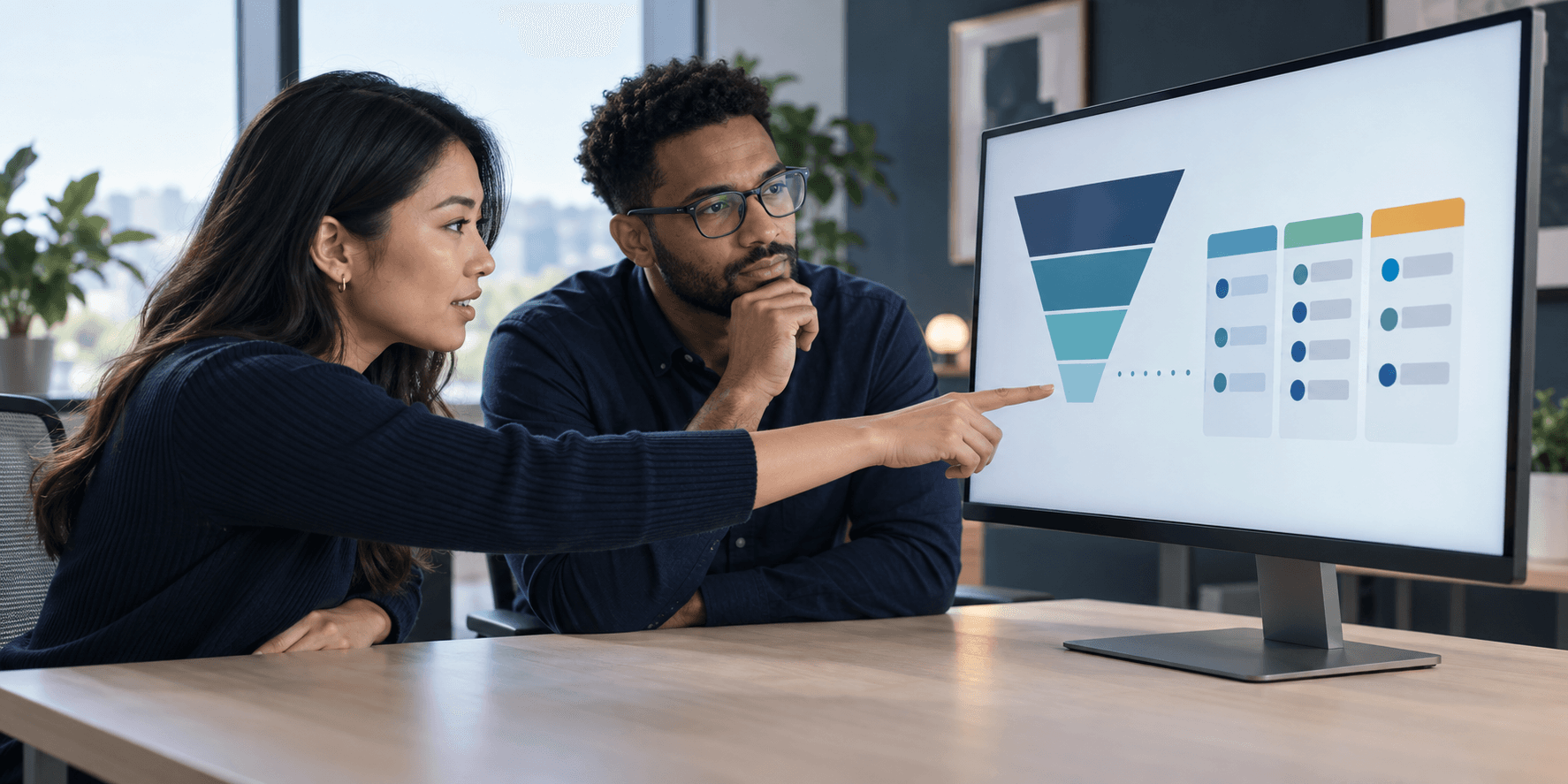 A performance marketer and revenue operations analyst comparing an abstract advertising lead funnel with CRM pipeline stages.