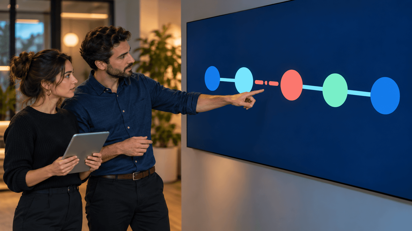 Two analytics professionals inspect an abstract event flow with a broken connection on a large display.