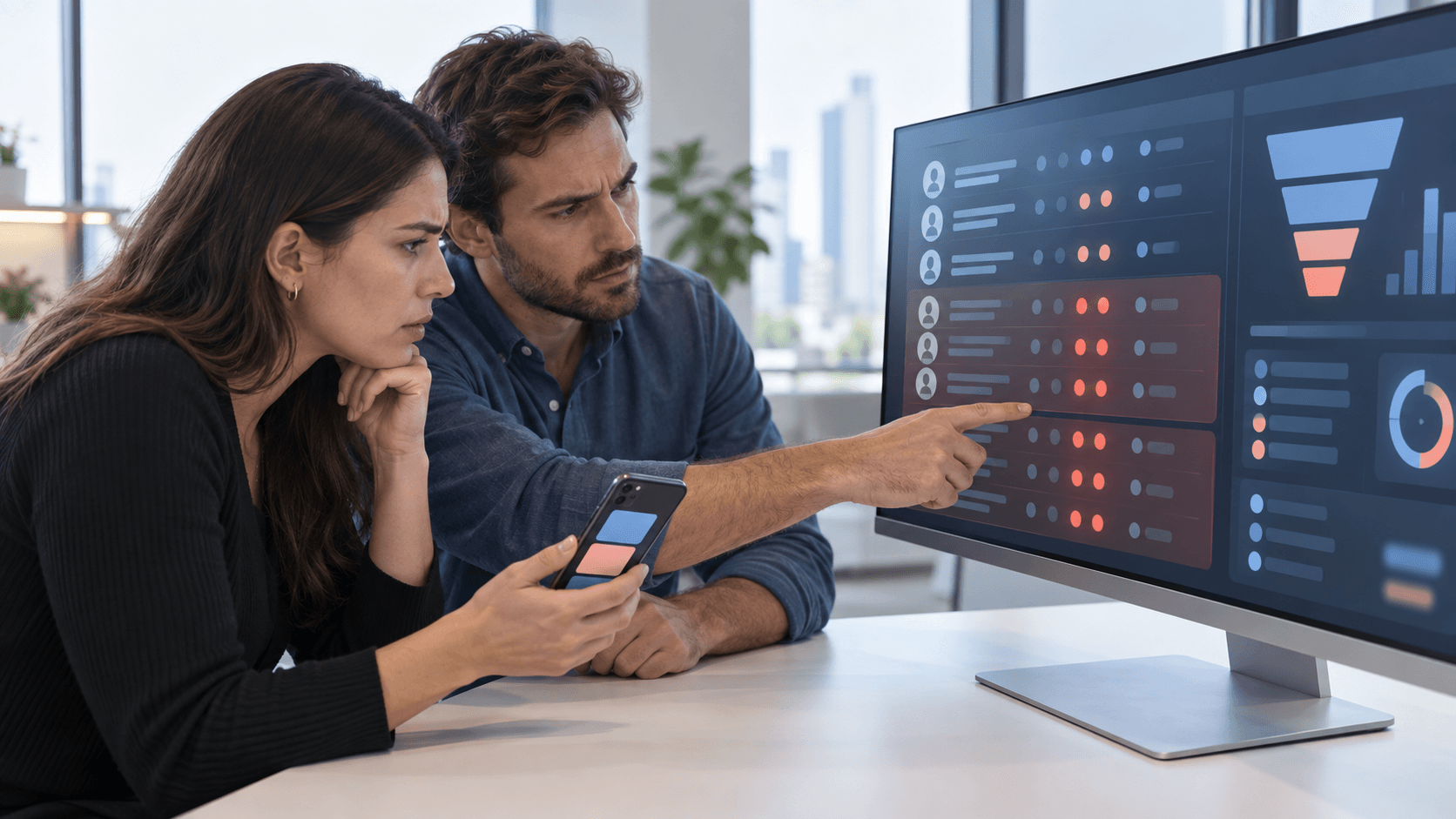Two marketing operations specialists reviewing suspicious repeated lead patterns on an abstract CRM dashboard.