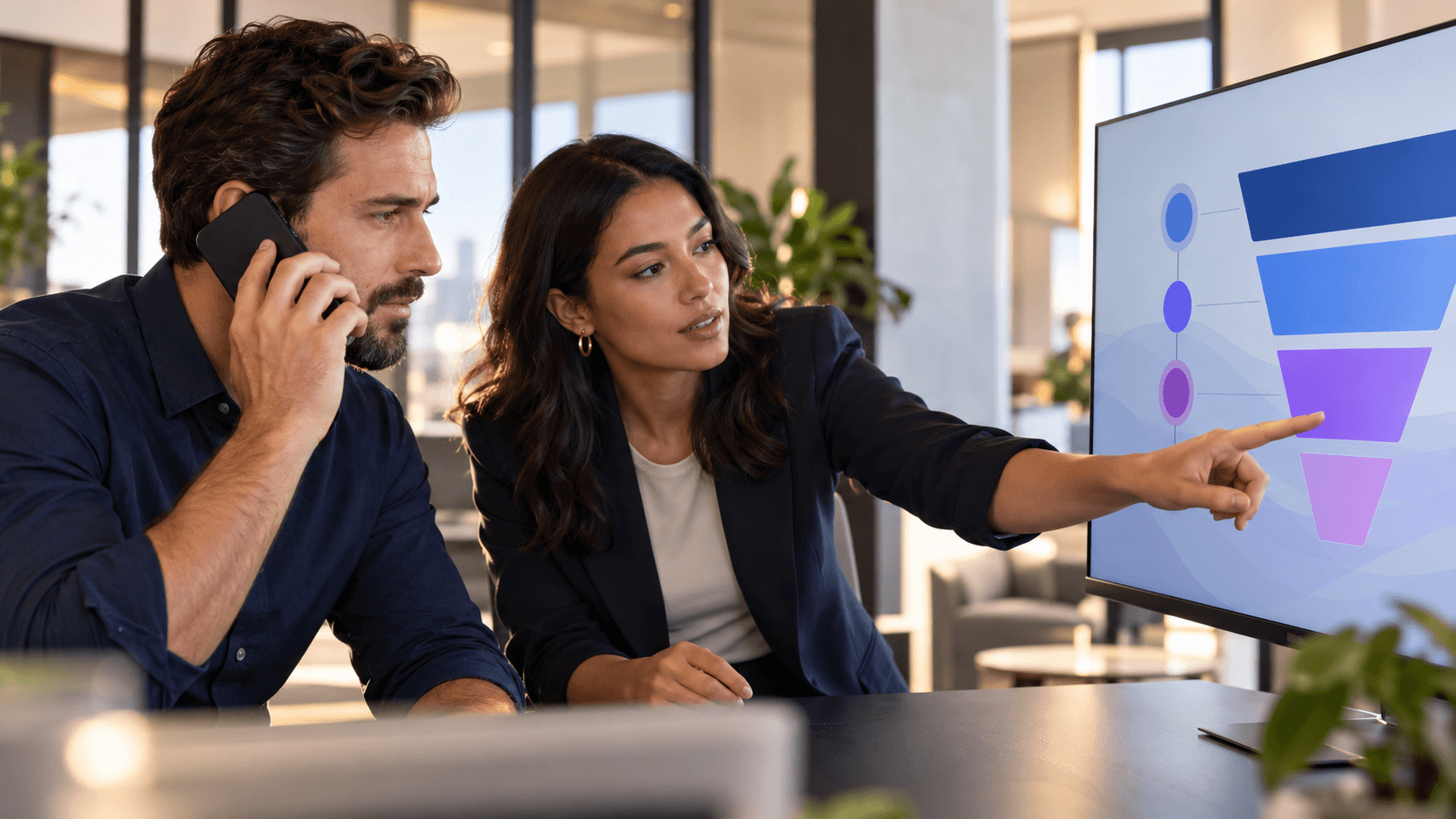 A marketer on a follow-up call while a sales operations specialist points to an abstract lead contact funnel.
