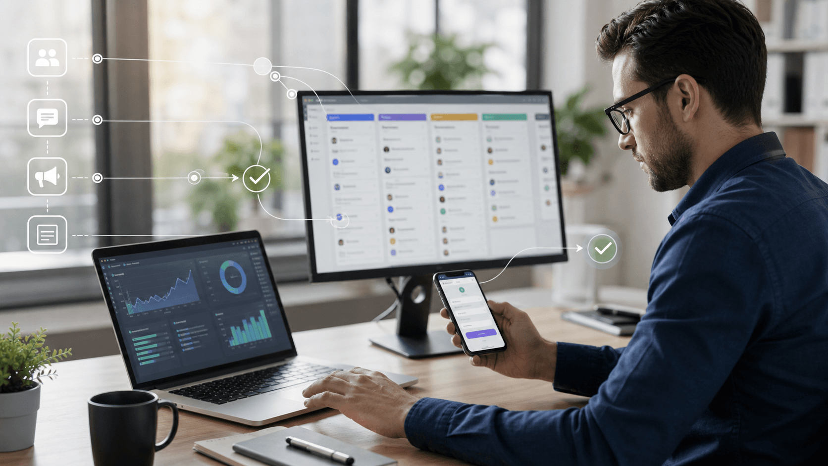 Hero image of a marketer tracing Meta lead form submissions into a CRM pipeline across a laptop, monitor, and phone.