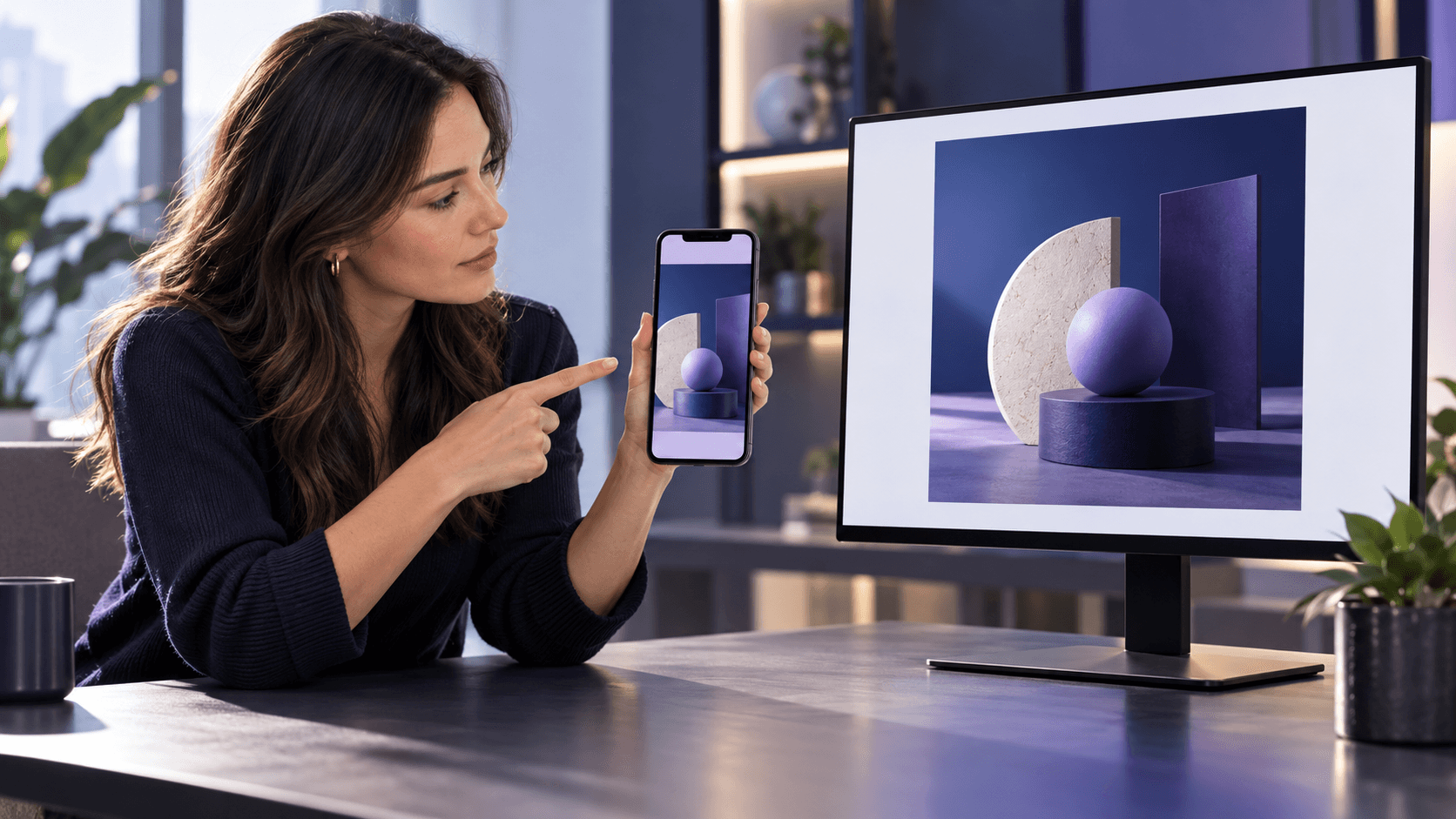 A performance marketer comparing different crops of the same abstract ad creative on a phone and desktop display.