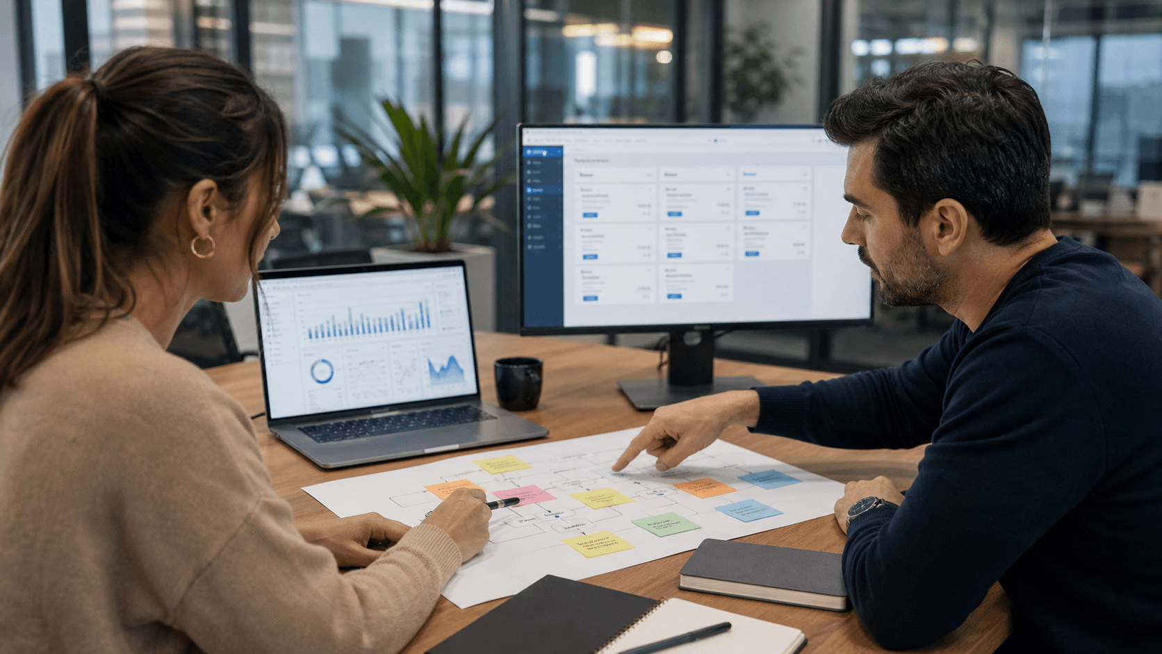Hero image of two marketers comparing ads reporting with CRM pipeline data while mapping an offline conversion journey.