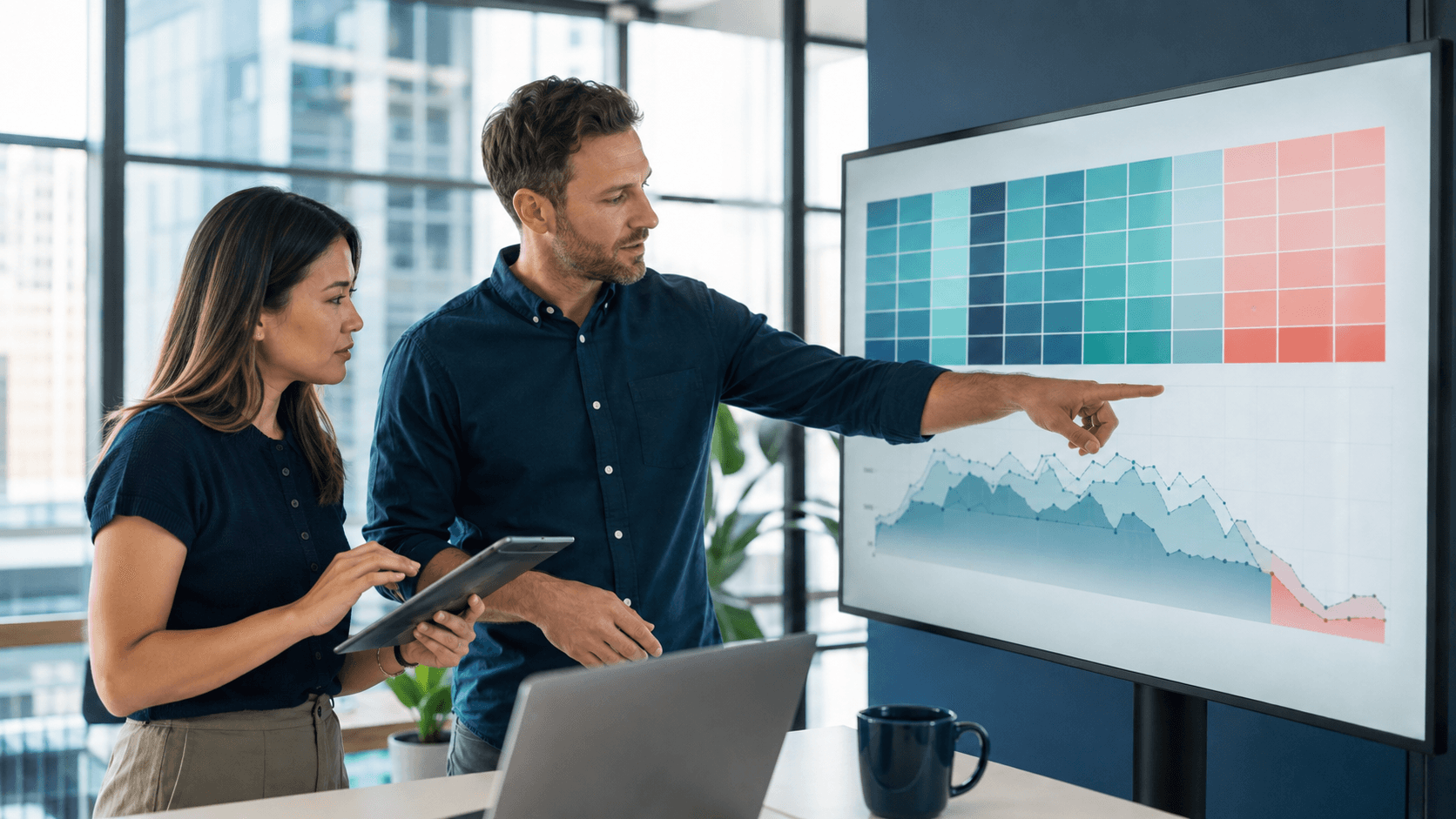 Performance marketer and ecommerce manager reviewing a weekend decline in an unlabeled advertising performance chart.