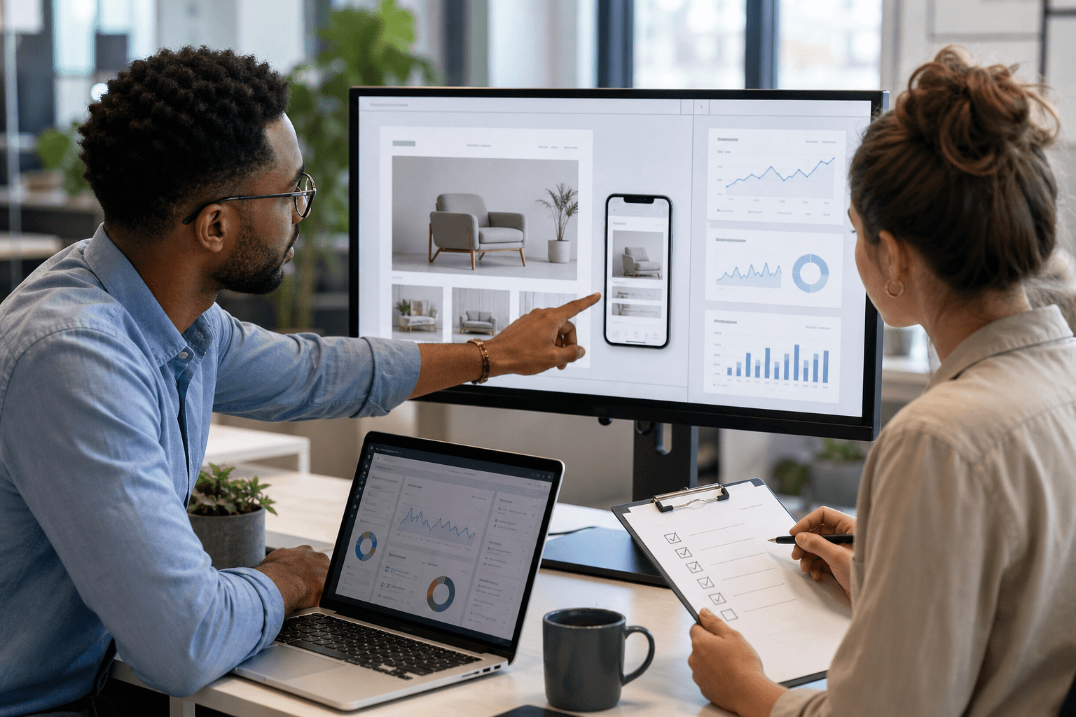 Hero image of marketers reviewing a landing page layout and performance charts to diagnose why Meta Ads results dropped after a page change.