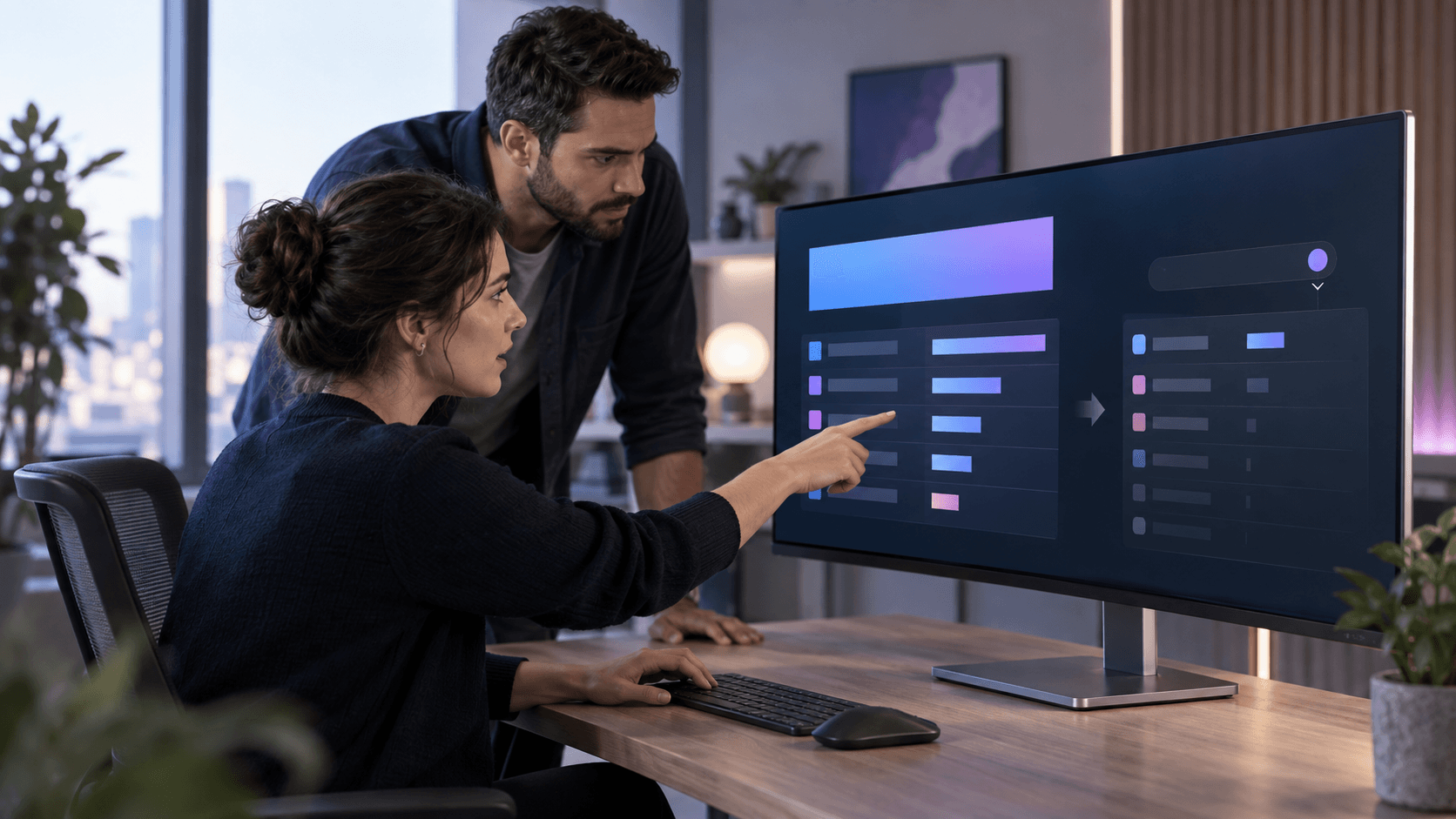 Two advertising analysts comparing an abstract total report with segmented rows that lose result indicators after a breakdown is applied.