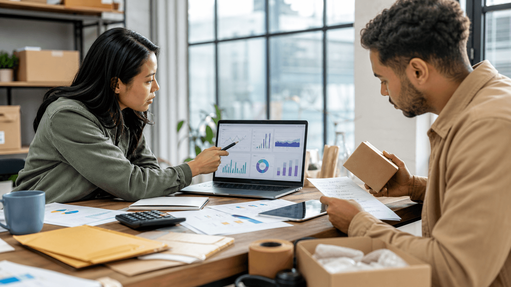Hero image of ecommerce marketers reviewing margin, shipping, and cash-flow notes while diagnosing why Meta Ads ROAS looks profitable but profit is down.