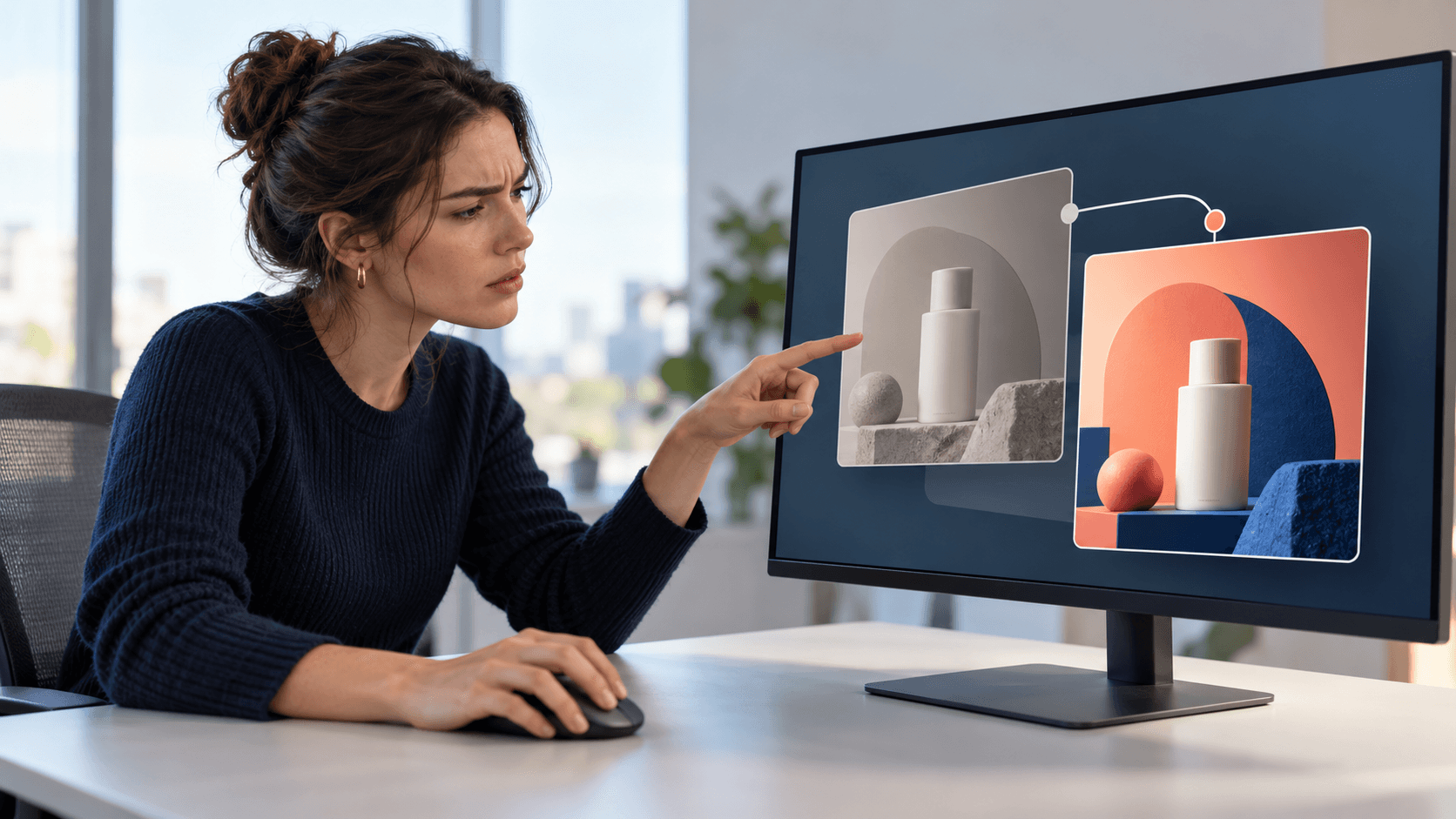 A performance marketer comparing muted and updated product-ad creative versions on a large monitor.