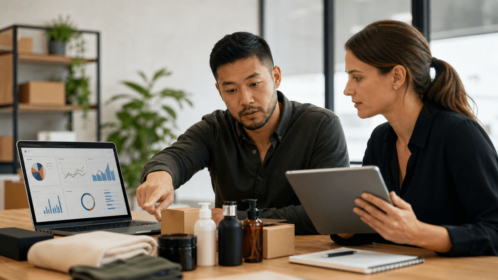 Hero image of ecommerce marketers reviewing product samples and analytics to diagnose Meta Ads spend moving toward low-margin products.