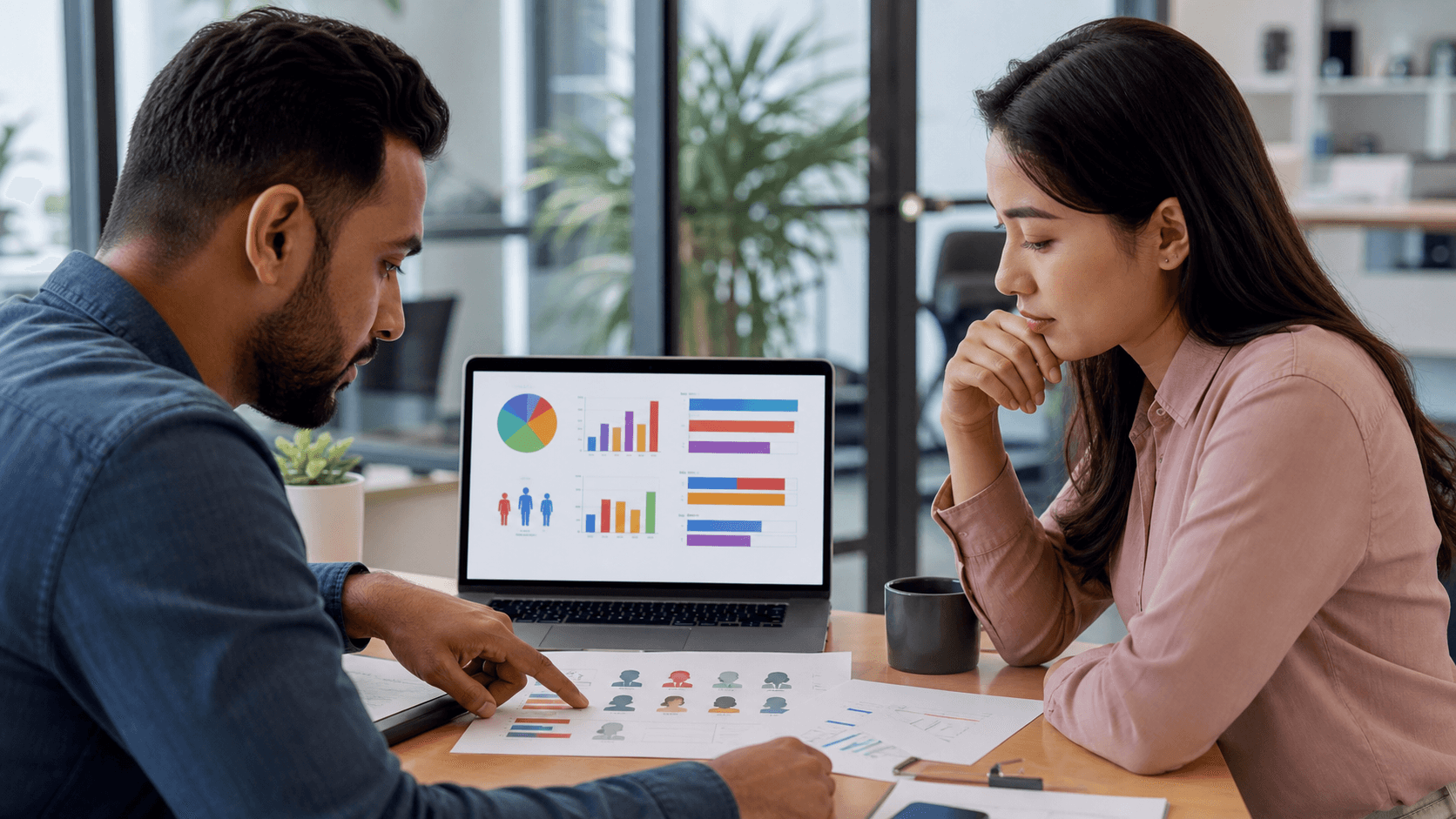 Hero image of a marketer and ecommerce founder reviewing demographic ad spend charts and customer persona notes.