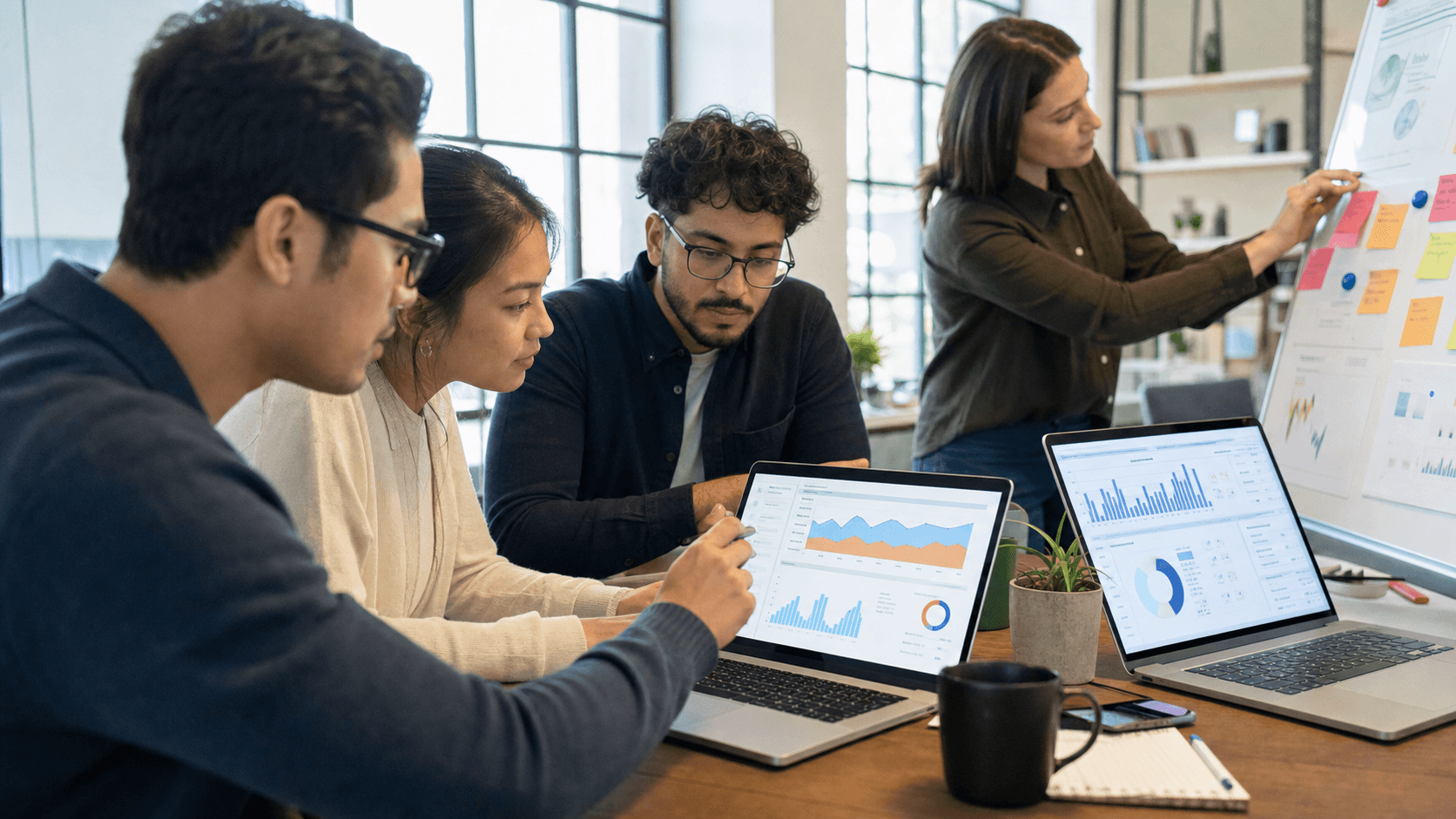 Hero image of an ecommerce marketing team reviewing bid strategy dashboards to diagnose Meta Ads cost cap underdelivery.