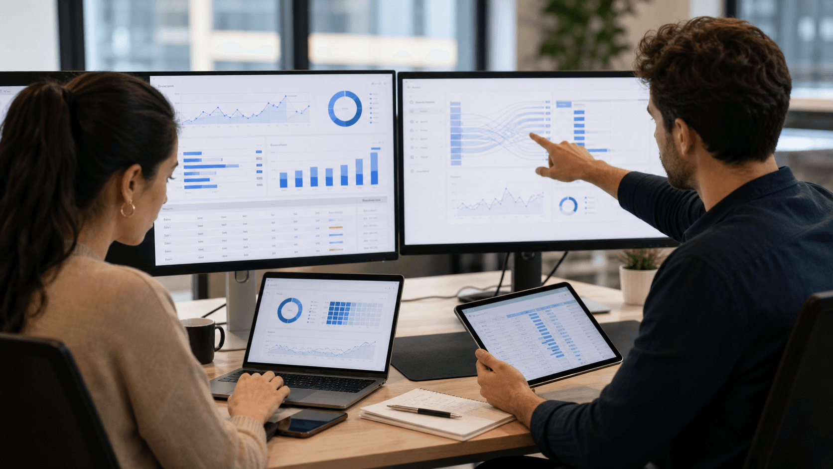 Hero image of two marketers comparing ad platform data with analytics reports while diagnosing mismatched UTM campaign tracking.