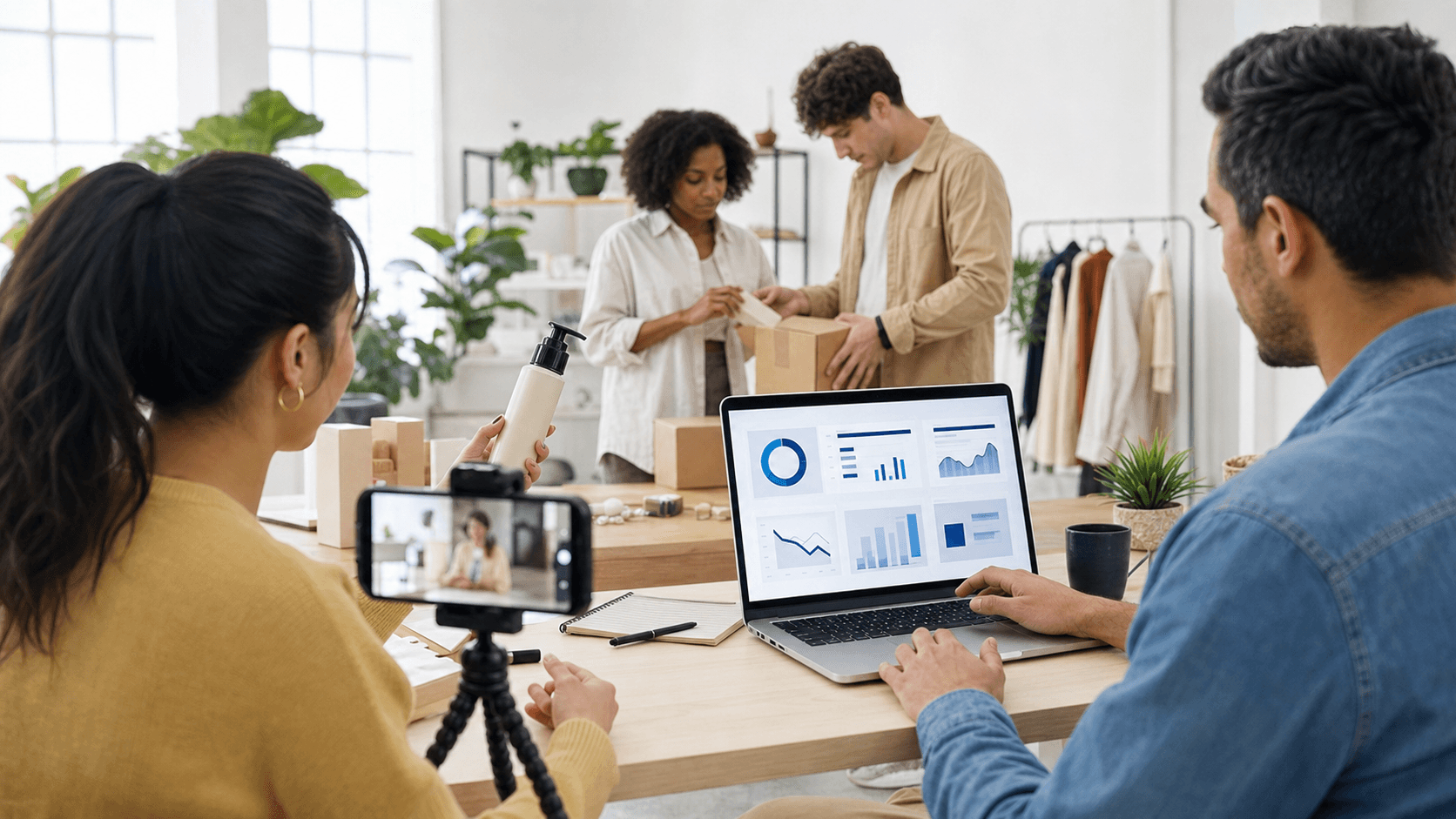 Hero image of an ecommerce team filming a product video while reviewing abstract ad performance charts.