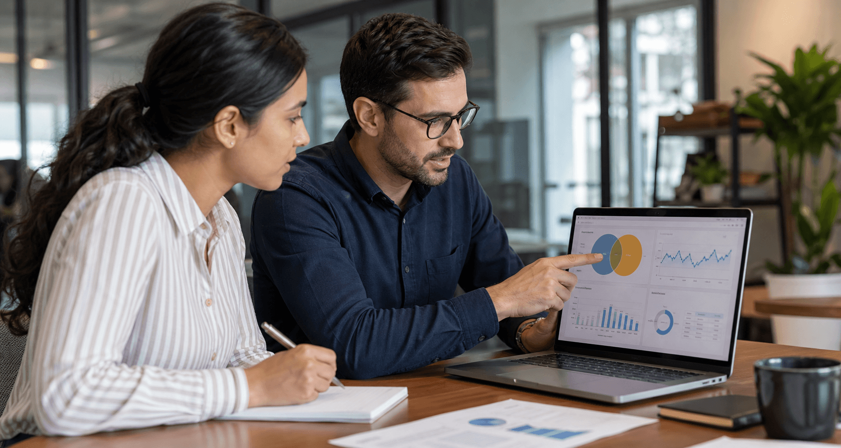 Hero image of a consultant reviewing overlapping Meta Ads retargeting audience segments with a client while highlighting warm-audience budget waste.