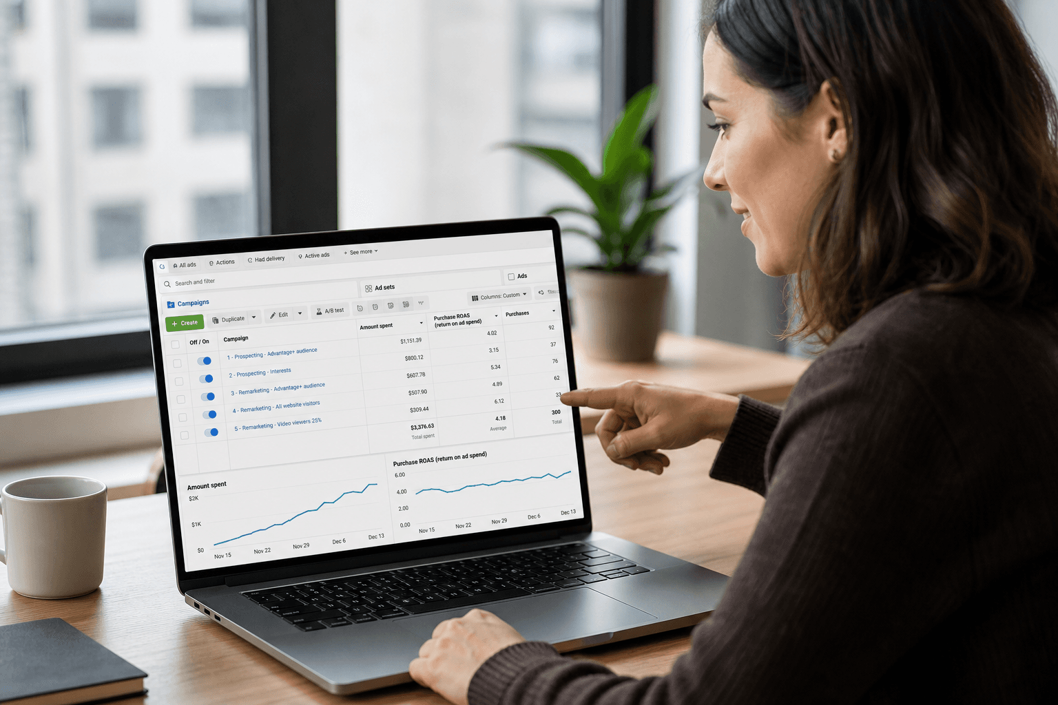 Hero image of a performance marketer actively scaling Meta Ads on a desktop dashboard, monitoring budget growth and ROAS guardrails in a realistic work setting.