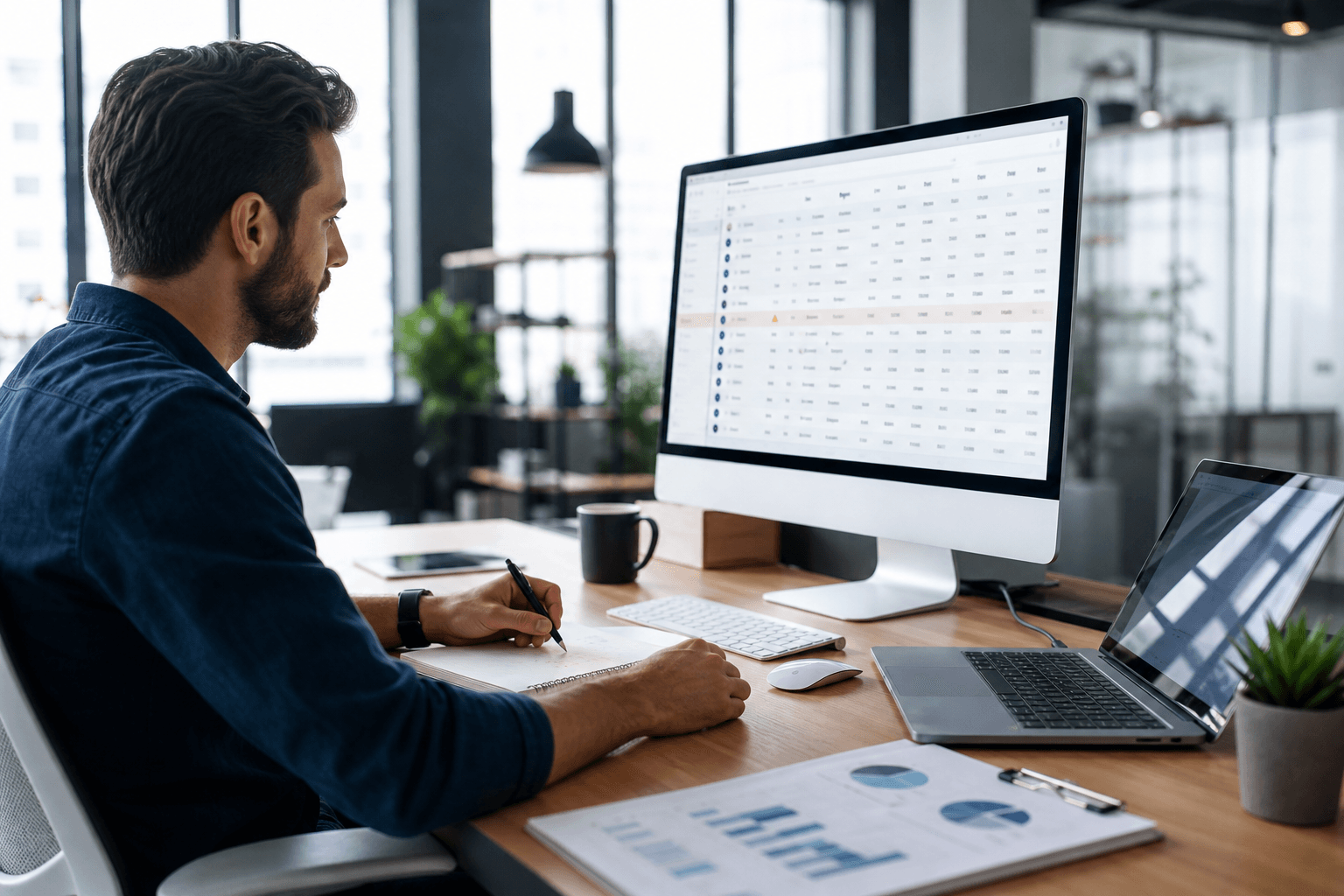 Hero image of a performance marketer reviewing a Meta Ads campaign table with a warning state while writing an optimization action plan.