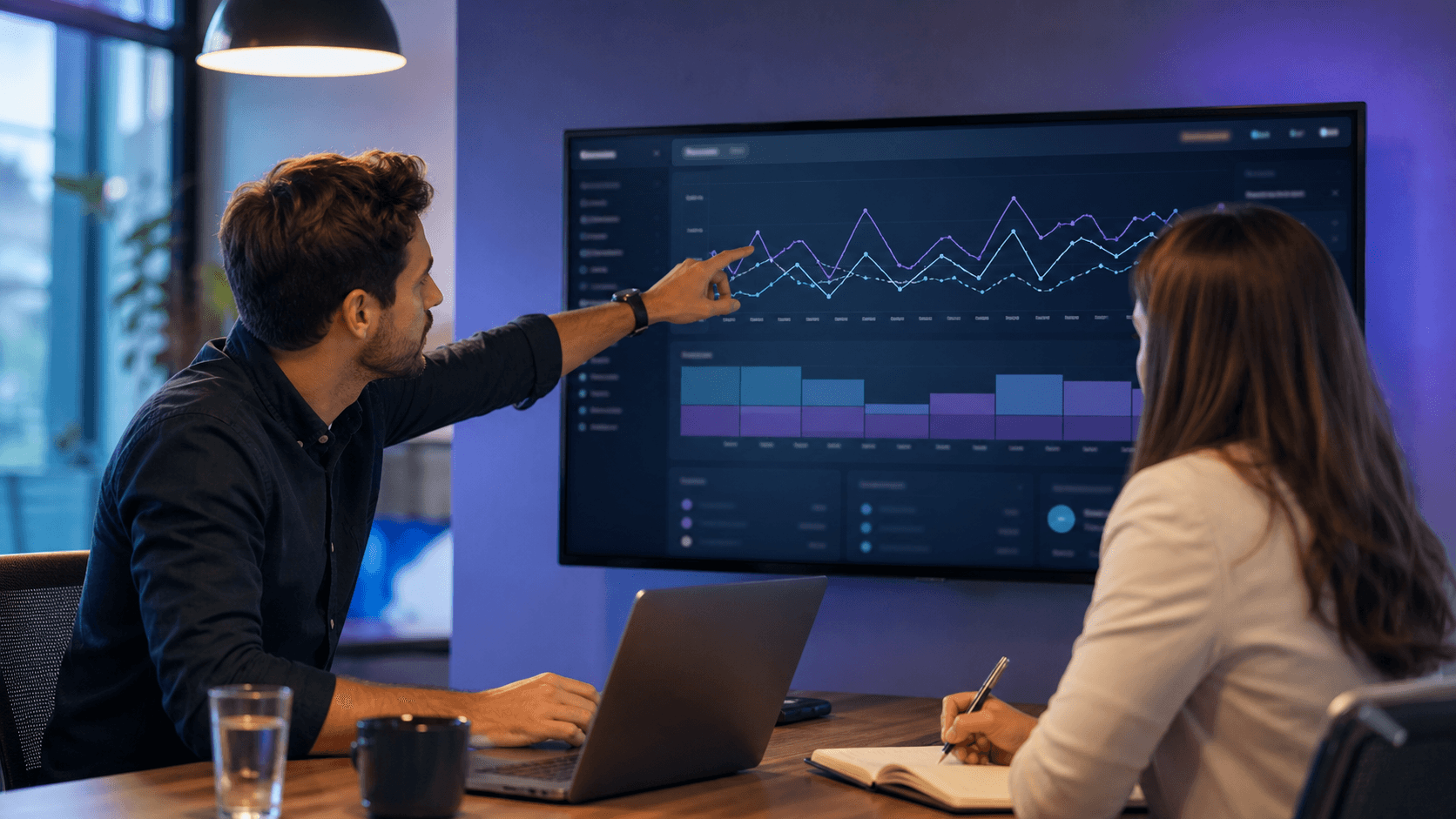 Hero image of a consultant pointing at a week-by-week Meta Ads performance chart while a client takes notes during an account review.
