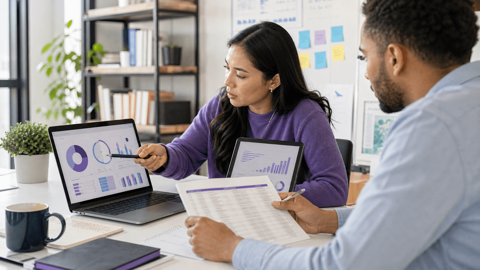Hero image of two marketers reviewing customer cohort data to diagnose Meta Ads campaigns reaching existing customers instead of new customers.