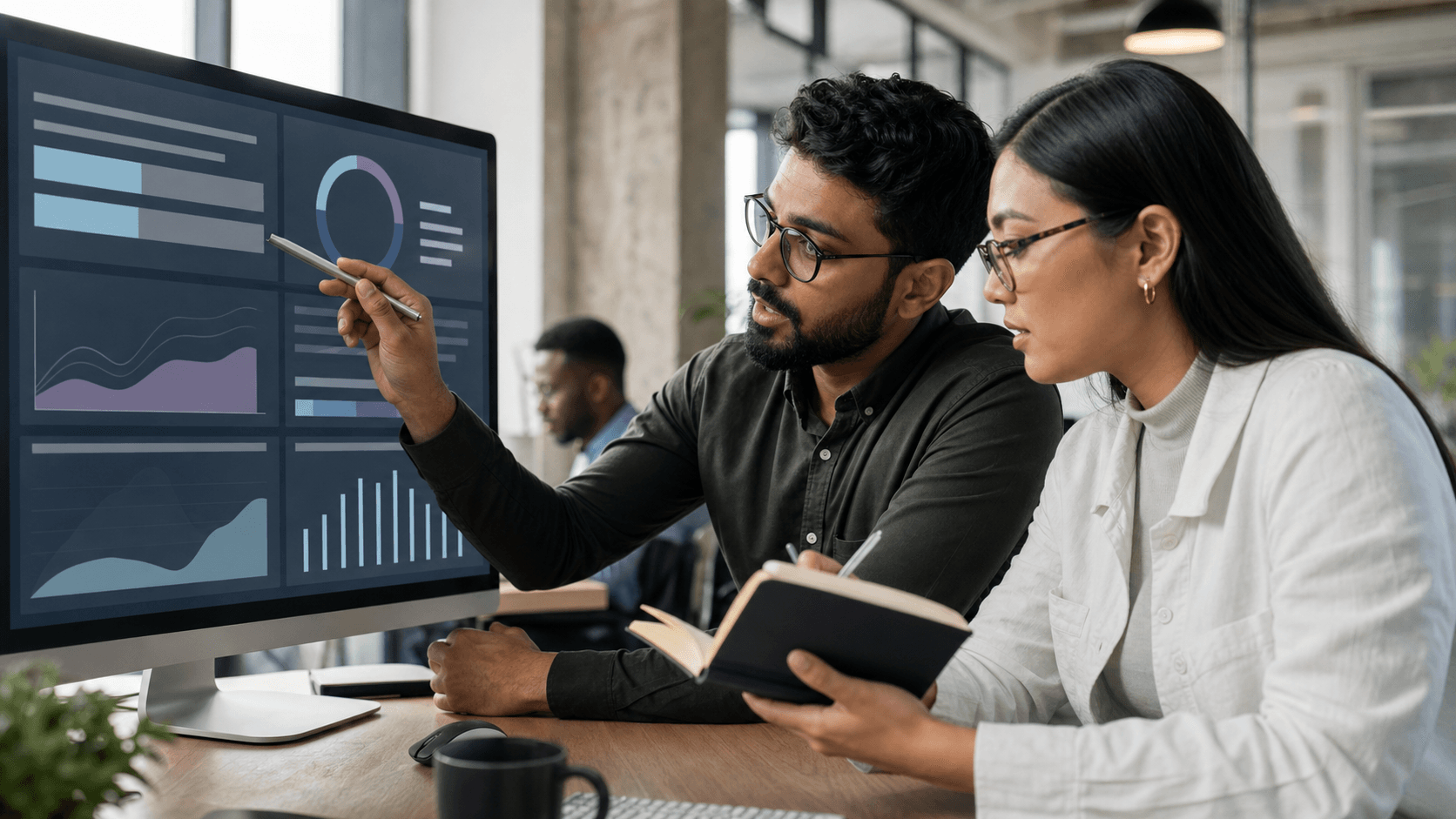 Hero image of a performance marketer and teammate troubleshooting active Meta Ads campaigns that are not spending on an analytics dashboard.