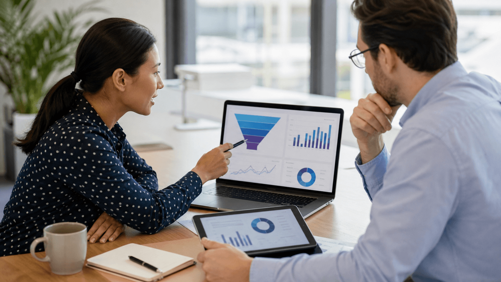 Hero image of a marketer and sales manager reviewing funnel analytics to diagnose low-quality Meta Ads leads.