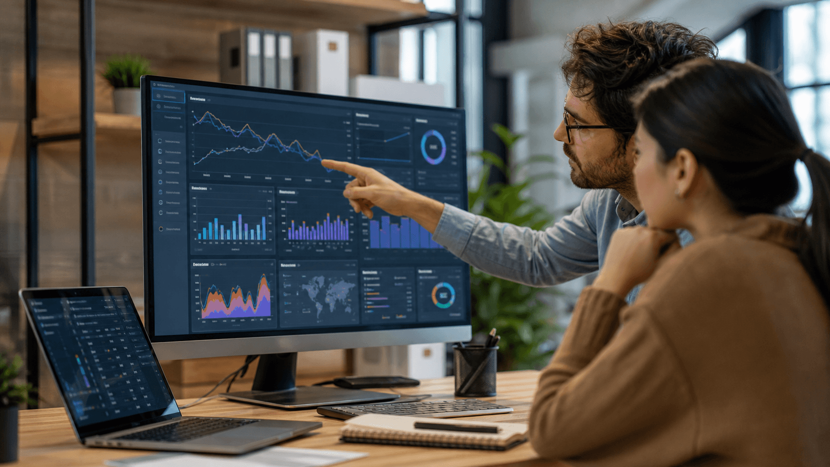 Hero image of two performance marketers diagnosing high Meta Ads frequency and audience saturation on analytics dashboards.